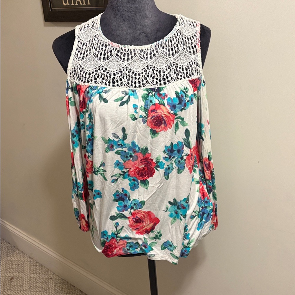 Loveappella Floral Blouse with Crochet Off the Shoulder Detail - Pink and Blue